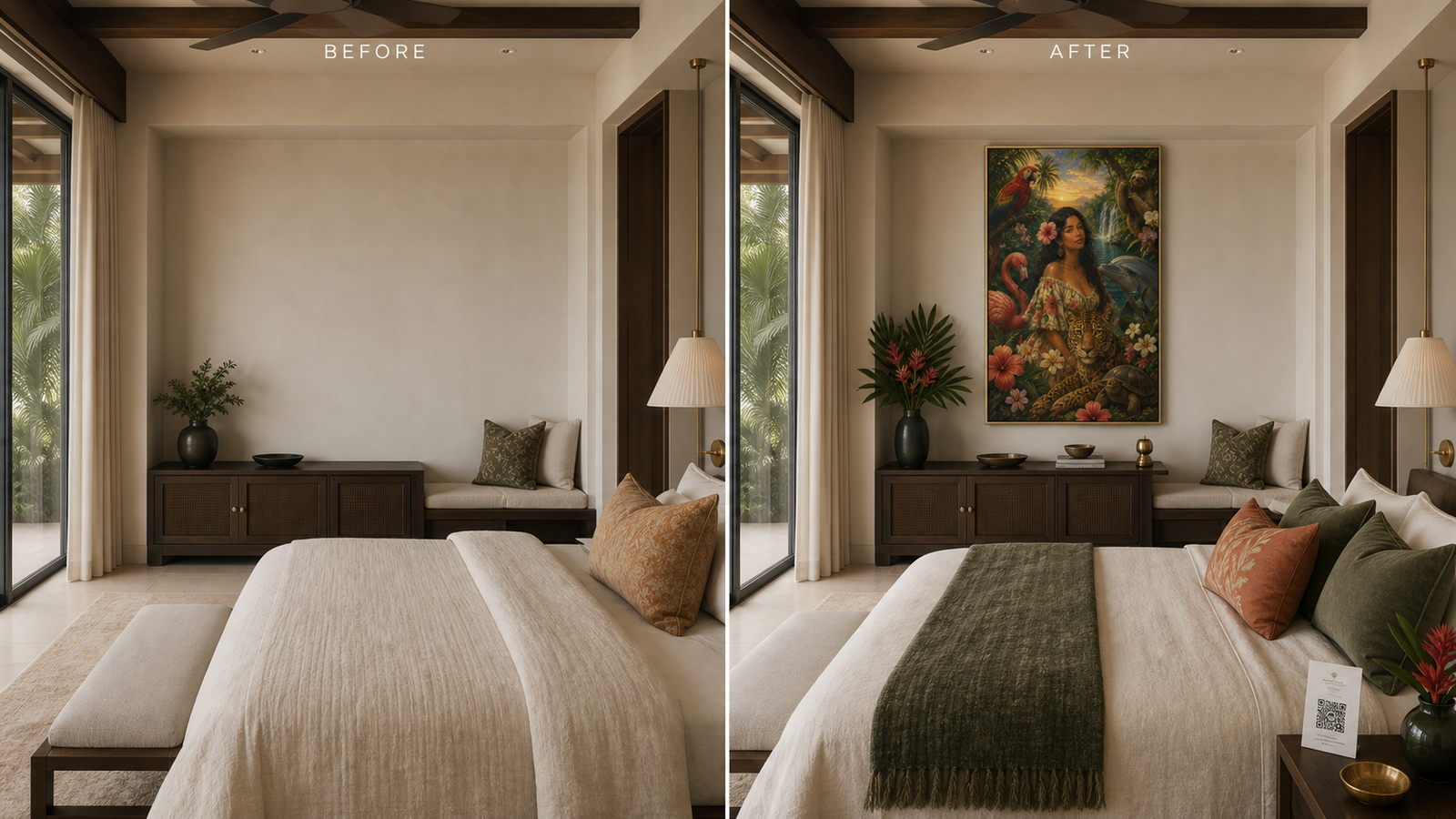 Luxury Airbnb suite before and after artwork placement
