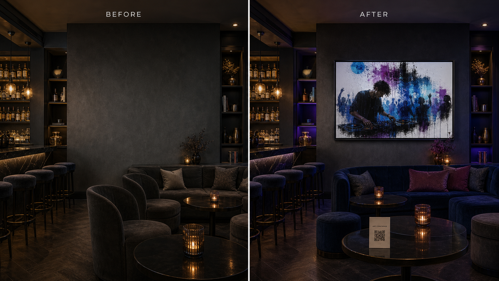 Cocktail lounge before and after artwork placement