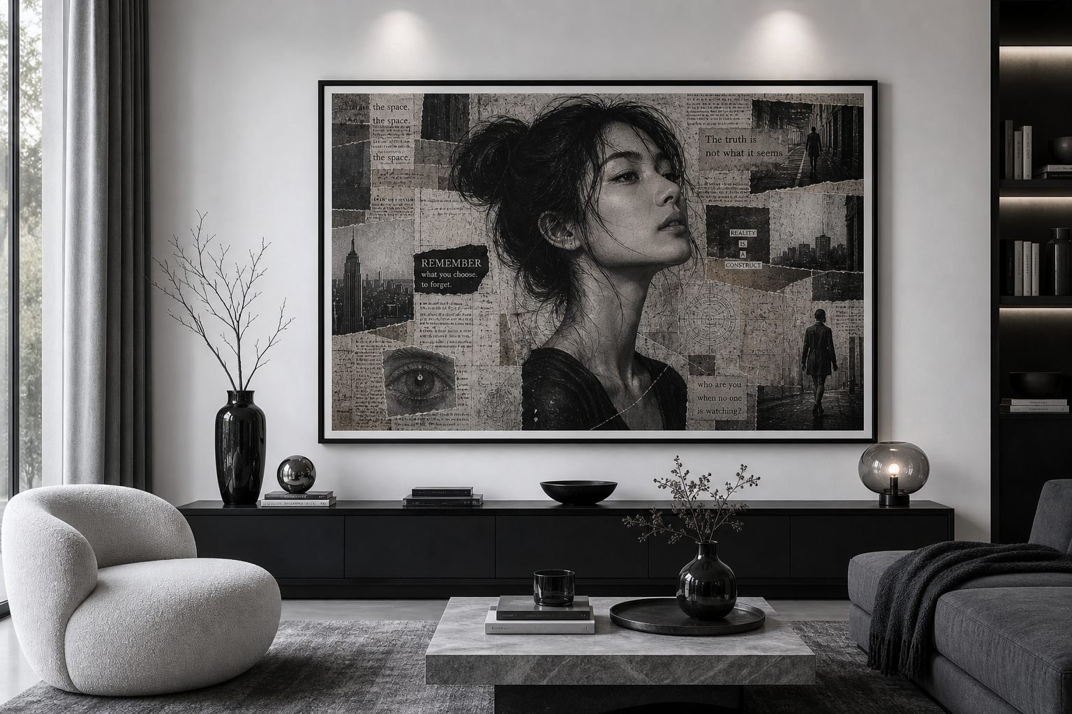Serani Bernini black-and-white collage artwork in a luxury interior