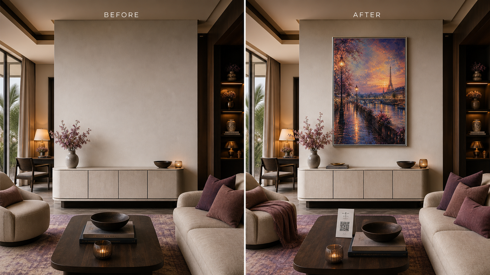 Boutique hospitality lounge before and after artwork placement