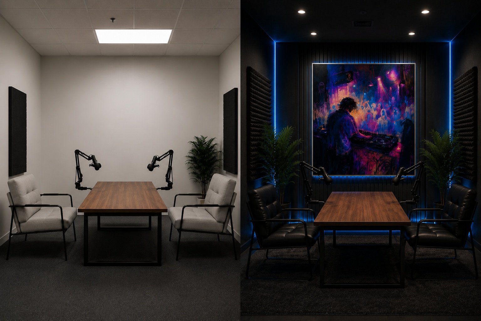 Podcast and streamer studio before and after
